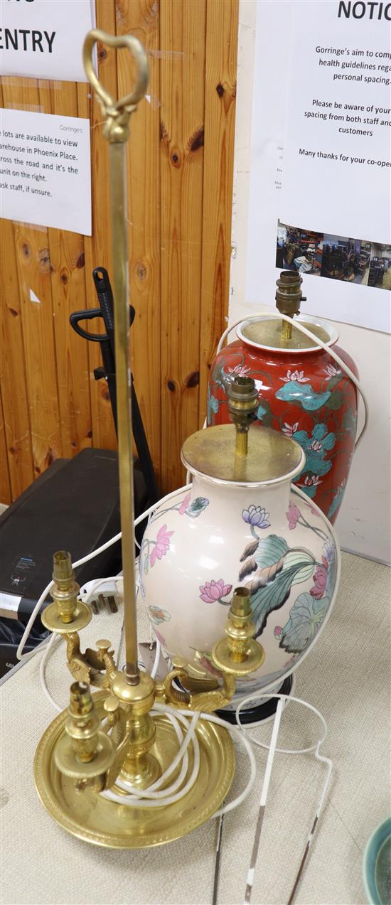 Two Chinese style porcelain table lamps and a gilt metal lamp, tallest 75cm